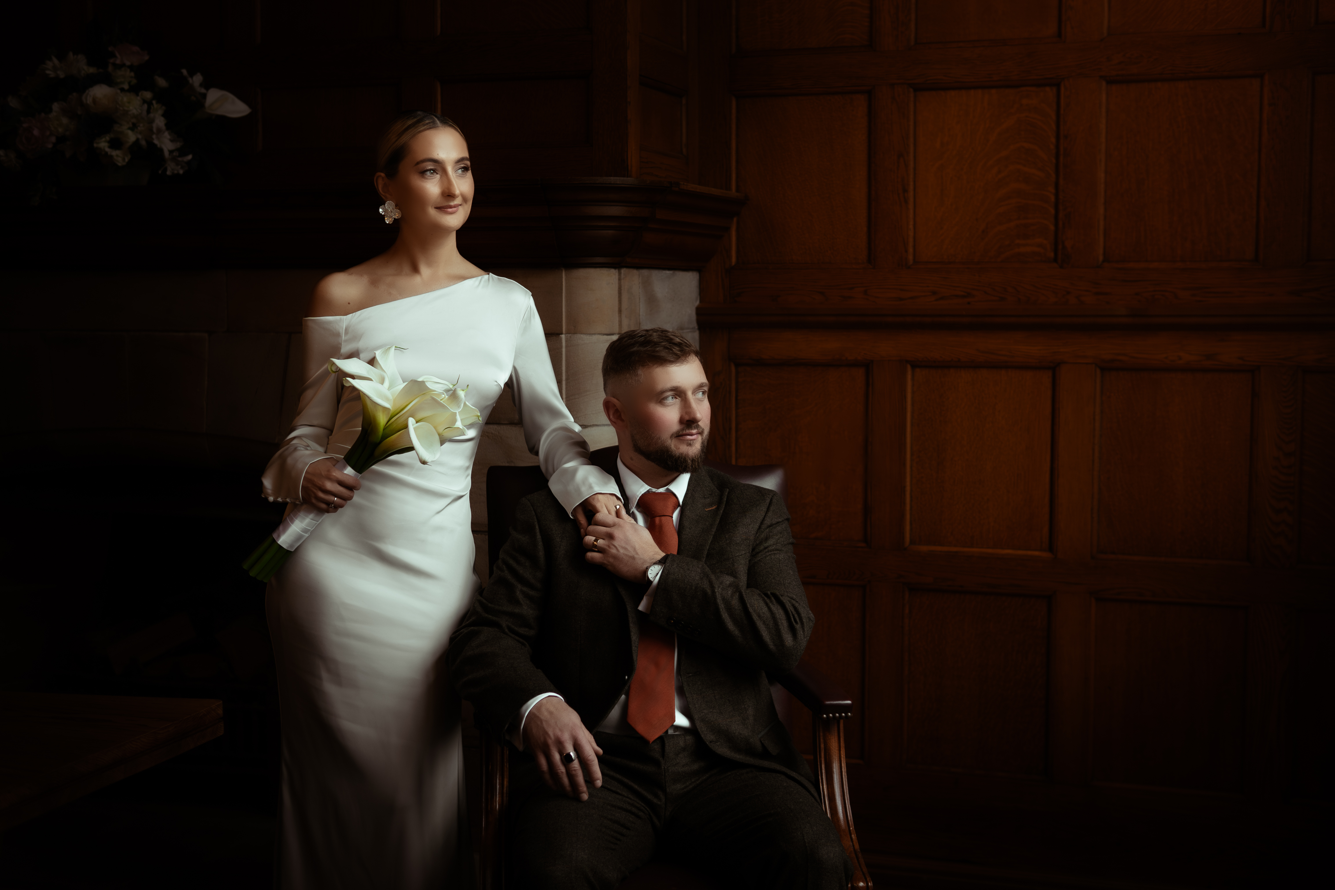 Elegant bride and groom portrait in warm light