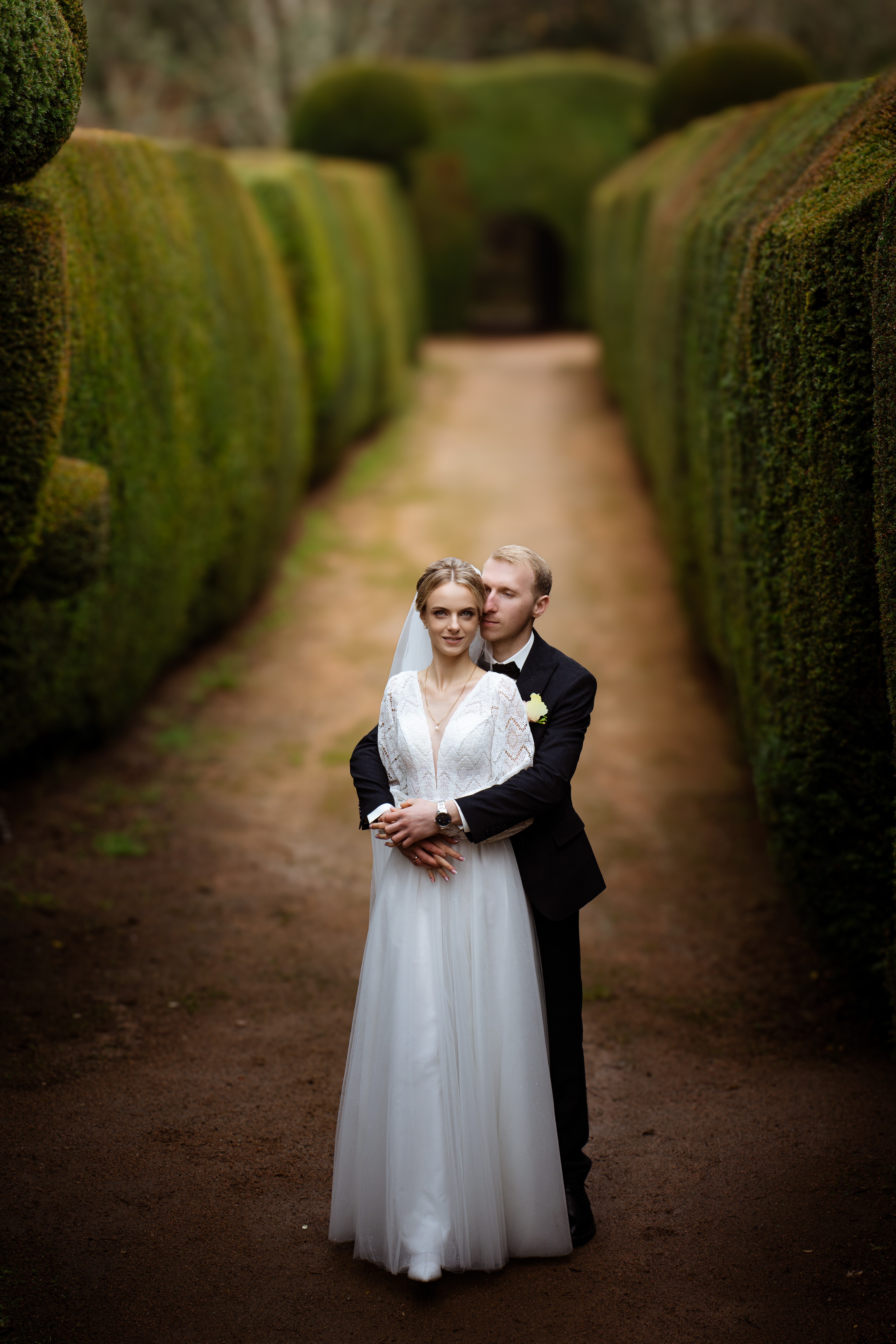 Bride and groom embracing in a tall green Scottish garden maze